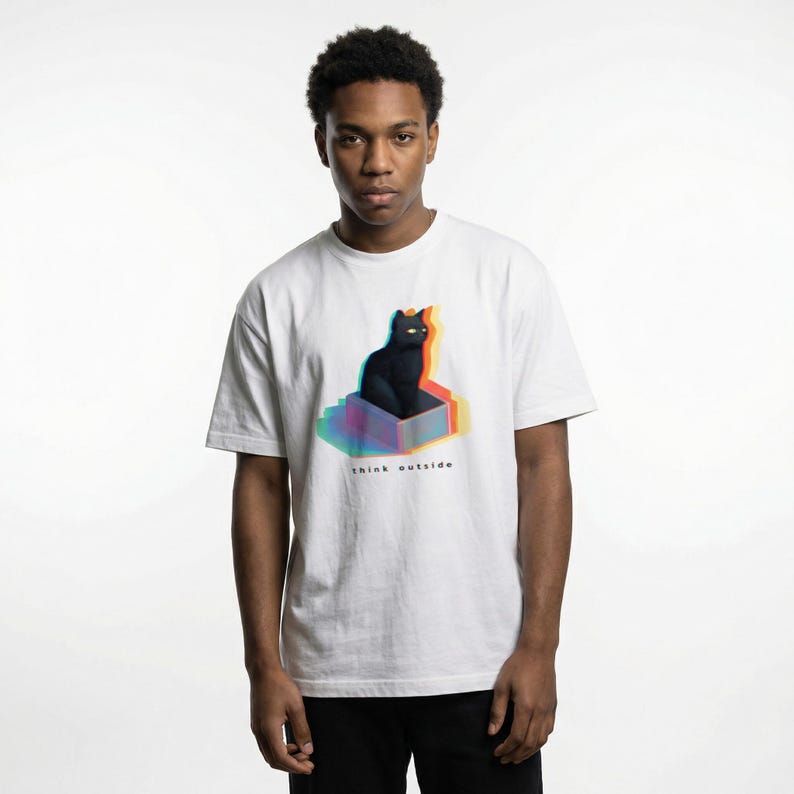 Puede incluir: Camiseta blanca con un gr&aacute;fico de un gato negro dentro de una caja con un efecto 3D colorido. El texto "think outside" est&aacute; debajo. La camiseta tiene mangas cortas y cuello redondo.