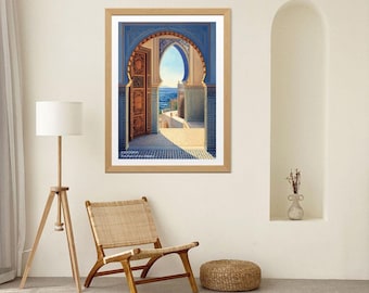 Essaouira Blue Arch Wall Art | Moroccan Coastal Print | Sea View Window Poster | Digital Download