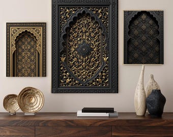 Set of 3 Black & Gold Moroccan Wall Art | Islamic Arch Decor | Luxury Arabesque Patterns | Digital Download Printable Set