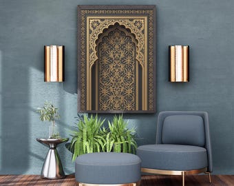 Moroccan Gold Arch Wall Art | Black & Gold Islamic Panel | Oriental Arch Decor | Digital Download