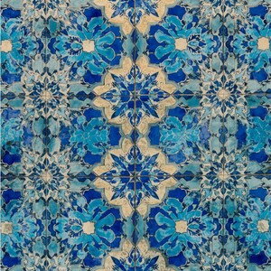 May include: A close-up of a tiled surface with a repeating pattern. The tiles feature a floral design in shades of blue and white. The pattern is symmetrical, with each tile contributing to the overall design. The tiles are arranged in a grid.