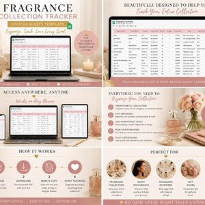 May include: A digital fragrance collection tracker Google Sheets template displayed on a laptop and tablet screen. The interface features columns for fragrance name, brand, category, concentration, size, quantity, purchase date, notes, and ratings.