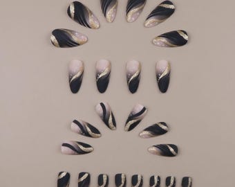 Black Gold Press On Nails Medium Almond Glitter Nail Set