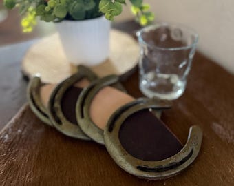 Horseshoe Leather Coasters (Set of 4): Rustic Western Farmhouse Decor
