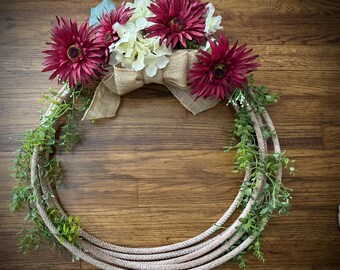 Western Rope Wreath: Rustic Cowboy Lariat / Lasso Decor with Maroon sunflowers