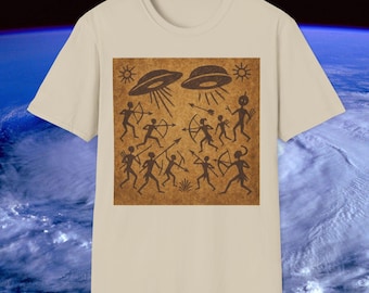 Camiseta com estampa de pintura rupestre antiga de OVNI | Camiseta unissex com estampa de alienígena