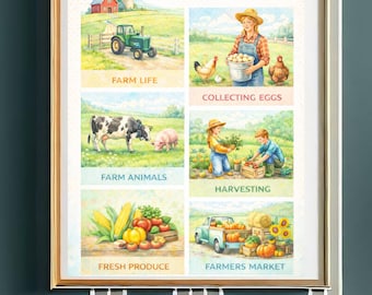 Pôster educativo para imprimir sobre a vida na fazenda - Arte de parede infantil com animais da fazenda, decoração Montessori para um dia na fazenda, download digital para sala de aula e ensino domiciliar.