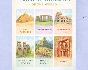 Pôster das Maravilhas Antigas do Mundo | Arte de Parede Educativa para Imprimir para Crianças | Decoração para Sala de Aula de História | Download Digital
