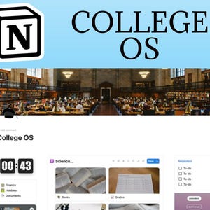 Może przedstawiać: Cyfrowy interfejs dla "College OS" z tłem biblioteki. Interfejs zawiera timer i sekcje dla finansów, hobby i dokumentów. Tekst "College OS" jest wyświetlany w widocznym miejscu.