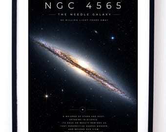 NGC 4565 Needle Galaxy Poster, Edge On Spiral Galaxy Wall Art Digital Download, Deep Space Astronomy Print, Cosmic Decor, Science Gift