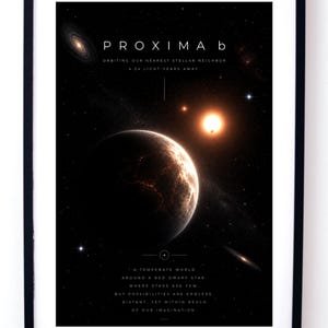 Puede incluir: Una lámina enmarcada que muestra una escena espacial oscura con un gran planeta y una estrella brillante. El texto dice PROXIMA b, ORBITING OUR NEAREST STELLAR NEIGHBOR 4.24 LIGHT-YEARS AWAY y A TEMPERATE WORLD AROUND A RED DWARF STAR.