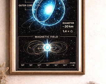 Pôster de Estrela de Nêutrons para Imprimir – Arte de Parede Educativa de Astrofísica, Campo Magnético da Crosta Terrestre, Decoração Científica (Download Digital)