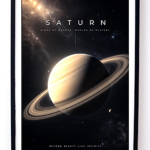 Peut inclure: Une affiche murale encadrée représentant la planète Saturne avec ses anneaux proéminents sur un fond spatial sombre. Le texte indique SATURN, RINGS OF WONDER, WORLDS OF MYSTERY et BEYOND BEAUTY LIES INFINITY. La planète est éclairée sur un côté.