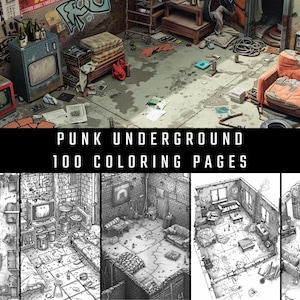 May include: A digital illustration of a punk underground scene, featuring a dilapidated room with graffiti, old furniture, and a vintage television. The image includes the text "PUNK UNDERGROUND 100 COLORING PAGES" at the top.