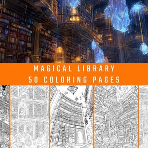 Op de afbeelding: Een digitale kunstprint van een magische bibliotheek met gloeiende blauwe kristallen en ingewikkelde architectuur. De afbeelding bevat de tekst "MAGICAL LIBRARY 50 COLORING PAGES" in wit op een oranje banner, met zwart-wit kleurplaatvoorbeelden eronder.