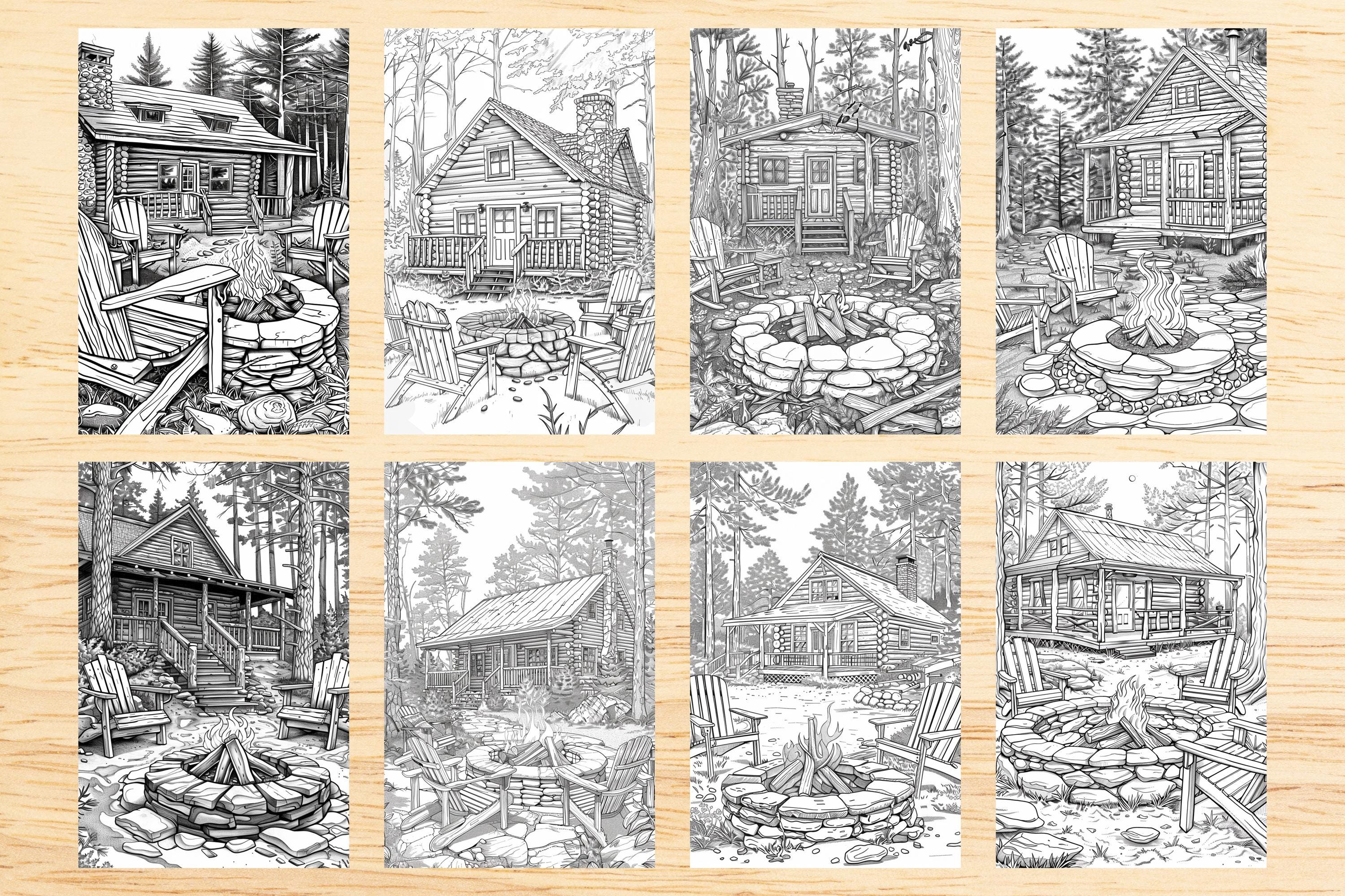 Cozy Cabin Coloring Pages | Rustic Forest Retreat, 100 Designs (digital ...