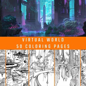 以下が含まれることがあります： 「Virtual World」というタイトルのデジタルアート塗り絵本、50ページ。表紙はネオンライトのある未来的な都市景観。下には、幻想的な風景の白黒イラストが5つあります。