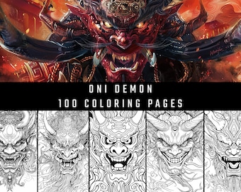 Gardien d'oni cramoisi | Livre de coloriage démon japonais de 100 pages | Dessin au trait Yokai mythique (téléchargement numérique)