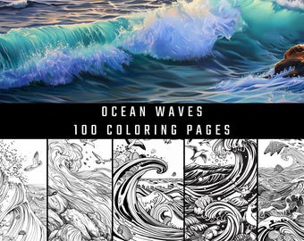 Libro para colorear de olas del océano / PDF con 100 páginas de arte con patrones de mar y olas para adultos (descarga digital)