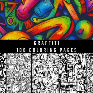 May include: A colourful graffiti art design tops the image, with an abstract pattern. Below, a selection of black and white graffiti-style colouring pages is shown. The text "GRAFFITI 100 COLORING PAGES" is displayed in a bold font.