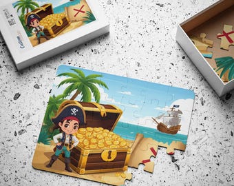 Pirate Treasure Jigsaw Puzzle for Kids, Cute Cartoon Pirate with Gold Chest and Island Map, Adventure Puzzle Toy Gift