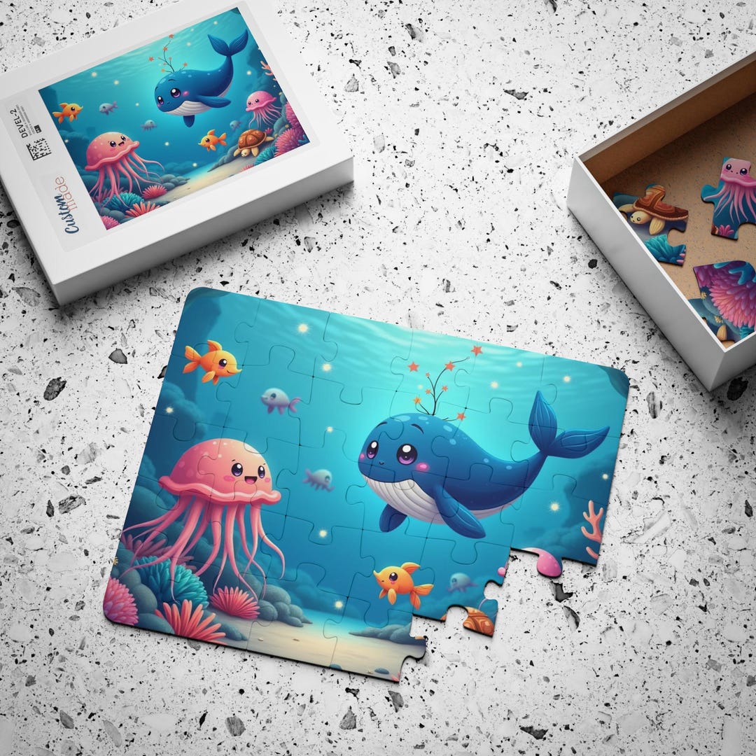 Cute Ocean Puzzle for Kids, Kawaii Whale and Jellyfish Illustration ...