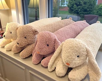 Almohada de peluche larga y esponjosa, diseño de oso o conejo kawaii, decoración para habitación infantil.