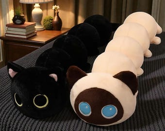 Almohada de peluche de gato largo, animal de peluche de oruga, decoración kawaii