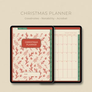 May include: Digital Christmas planner on a tablet. The cover features a red and cream botanical pattern with the words "Christmas Planner." The open planner displays a monthly calendar layout. The planner is designed for Goodnotes, Notability, and Acrobat.