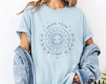 Comfort Colors Celestial T-Shirt: "Share Your Light" Boho Sun Moon Tee