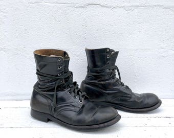 Cyber Monday Sale 12 R | Vintage 1960's Military Boots Dated 1964 Black Combat Boot w/ Cats Paw Heels