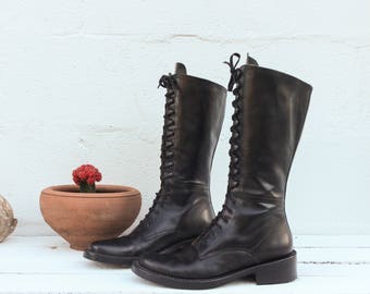 3 UK | 5 US | Women’s Tall Lace Up Black Leather Boots with Block Heels 90’s Grunge