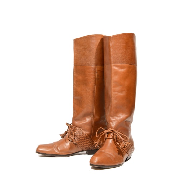 6.5 M | Tall Brown Leather High Boots Square Toe Basket Weave Woven Leather Boots Square Toes