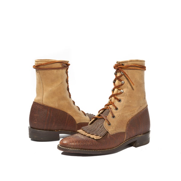 Women's Vintage Justin Roper Boots in Two Toned Chocolate and Butterscotch Leather for a Size 6 B