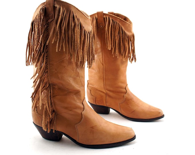 BLACK FRIDAY / Boho Fringe Cowboy Boots Camel Brown Leather Etsy