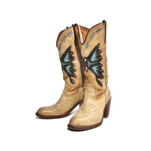 Miss Capezio Butterfly Boots Tanned Leather Blue Inlay Design Women's size 8 (best fit for 7 1/2)