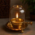 Pure Brass Indian Oil Lamp with Glass Protector and Adjustable Screw