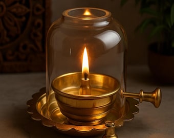 Lámpara de aceite india de latón puro con protector de vidrio y tornillo ajustable