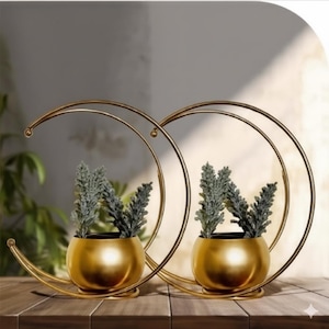 May include: Two gold-colored metal planters with a crescent moon design. Each planter holds a small, round, gold-colored pot filled with green, leafy plants. The planters are on a wooden surface.