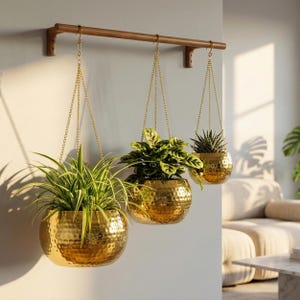 Hammered Large Metal Hanging Planter 8inch Indian planter Gold- Succulent Planters Wall Art, Outdoor Wall Decor, Nursery Office Wall Hanging