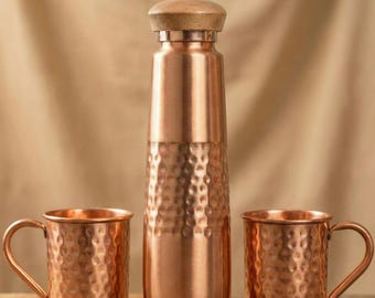 Hand Hammered Copper Water Bottle with Wood Lid & Matching Mugs