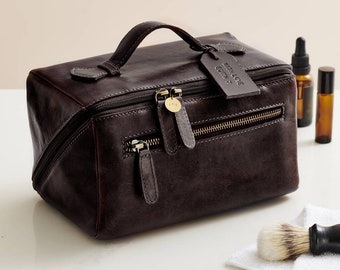 Personalised Leather Lay Flat Wash Bag | Leather gift for men | Father's day gift