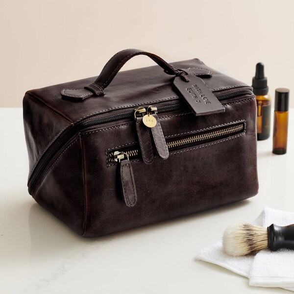 Personalised Leather Lay Flat Wash Bag | Leather gift for men | Father's day gift