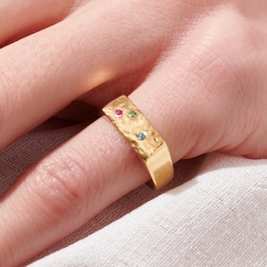 Personalised Rectangle Confetti Birthstone Signet Ring | handmade sterling silver Signet