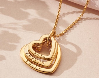Collar de corazón personalizado con nombres familiares en oro de 9 quilates / Hecho a mano