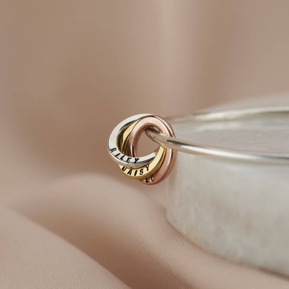 Personalised Mixed Gold Russian Ring Charm Bangle Birthday Gift