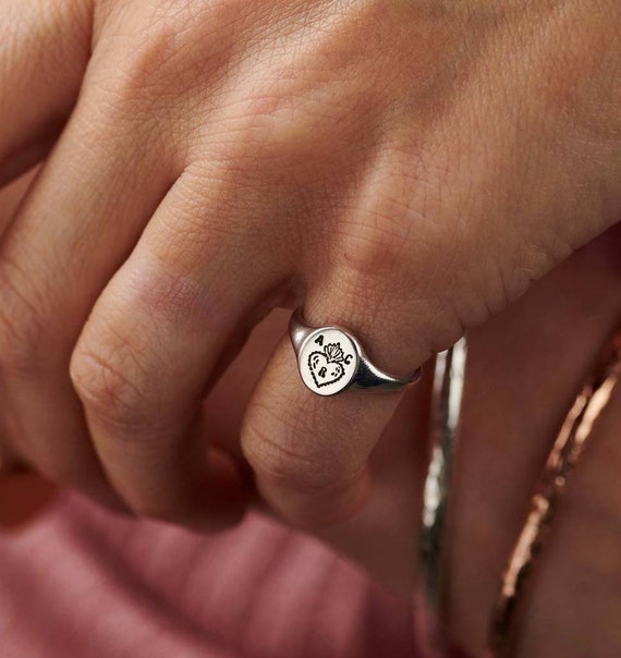 Personalized Sterling Silver Sacred Heart Signet Ring - Handmade