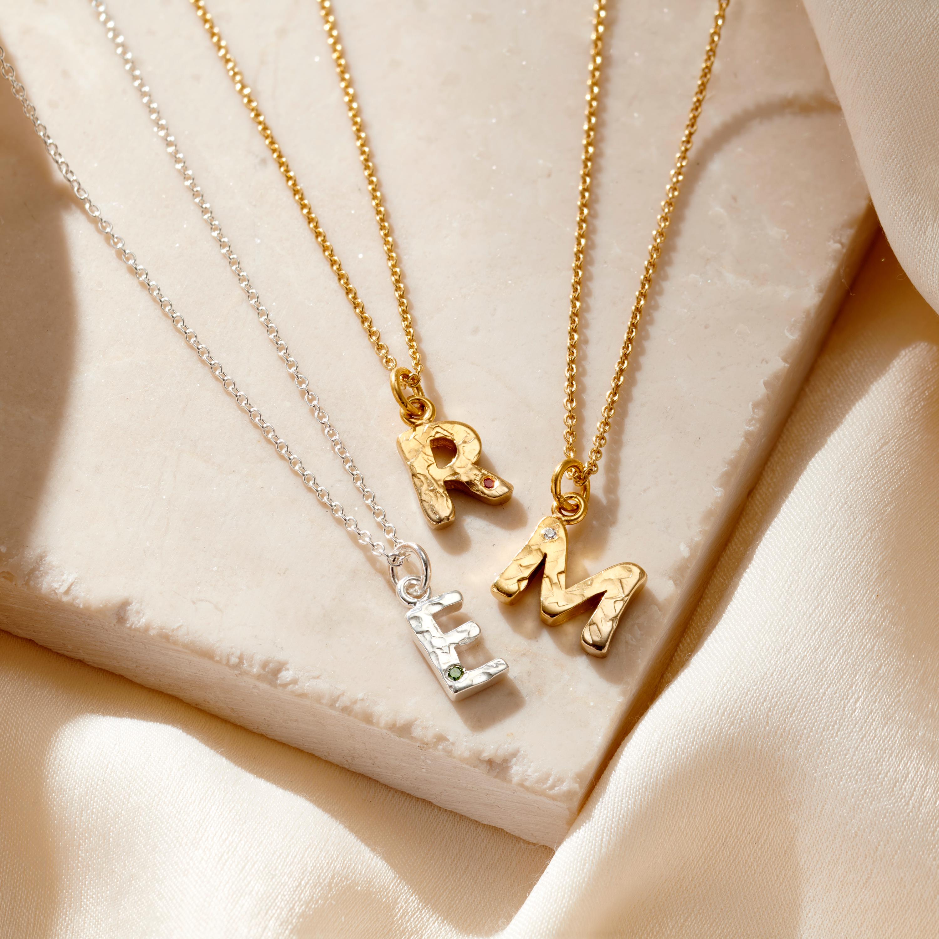 Textured Birthstone Initial Necklace | Chunky Sterling Silver