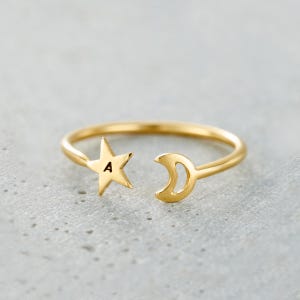 Gepersonaliseerde open ring maan en ster | Celestial sterlingzilveren ring | Statementring ster