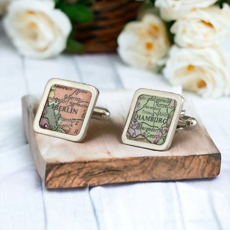 Personalised Square Vintage Map Cufflinks Bridal party gift handmade Perfect gift for him image 1